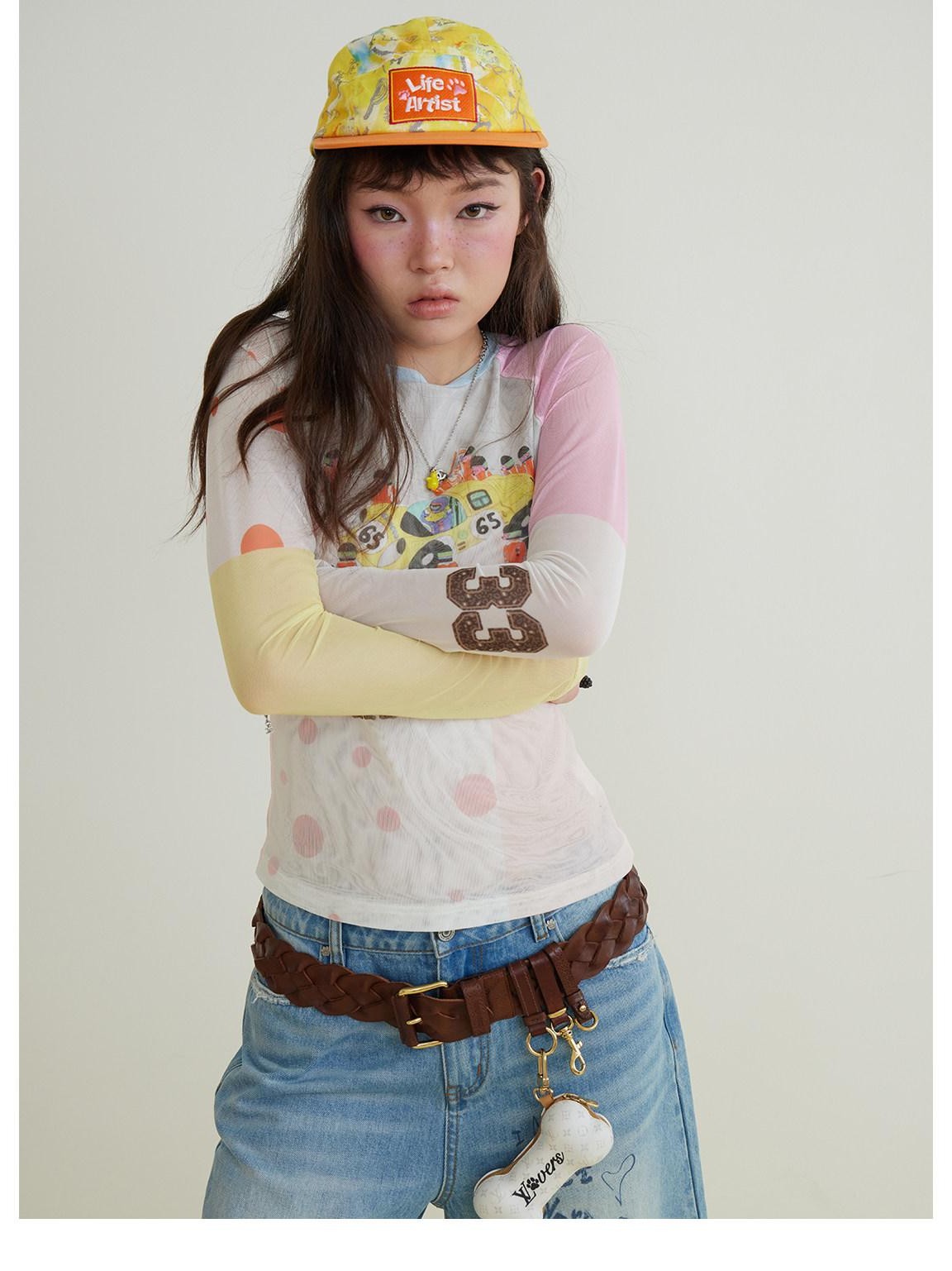 sancco house Racing Puppy Graffiti Sheer Mesh Slim Women&