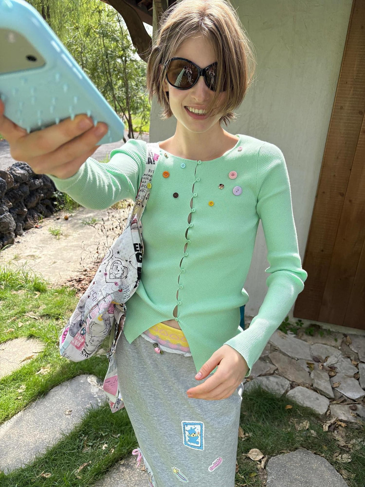 sancco house Rainbow Button Ribbed Slim Fit Knit Women&