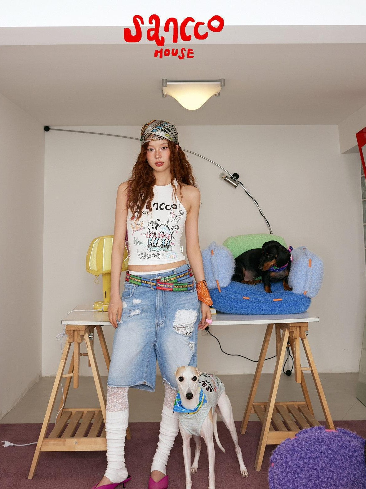 sancco house Skateboard Graffiti Puppy Hand Painted Print Women&