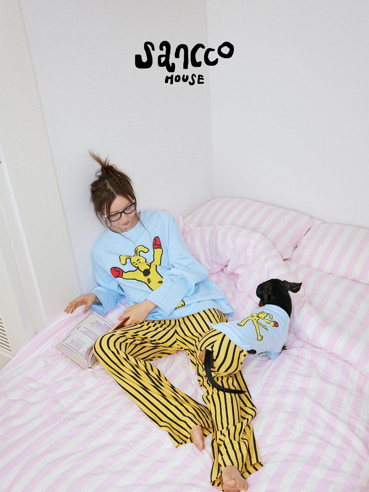 sancco house Striped Colorblock Boxing Puppy Print Women&