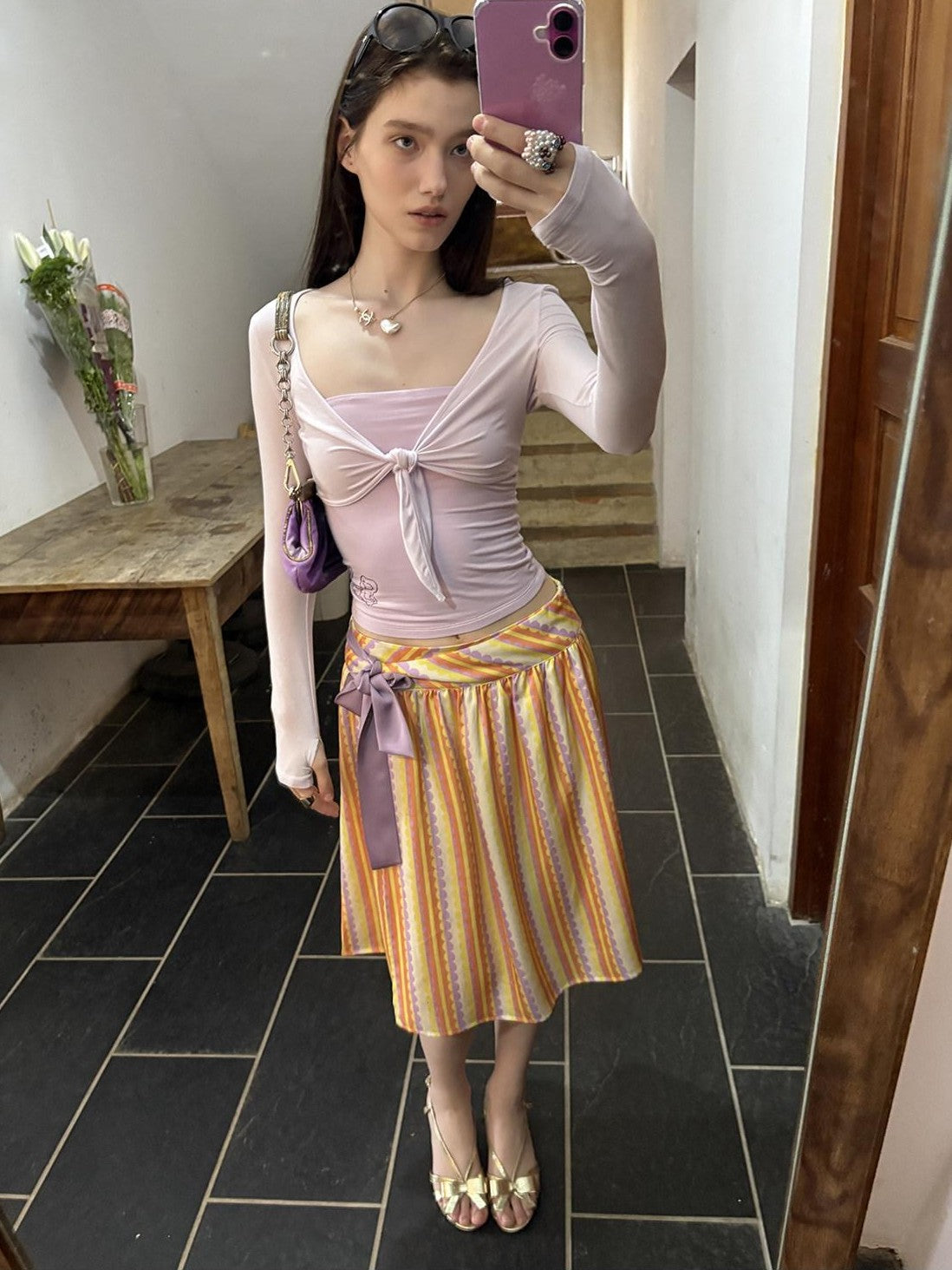 sancco house Striped Print Colorblock Double Layer Wrap Tie Bow Women&