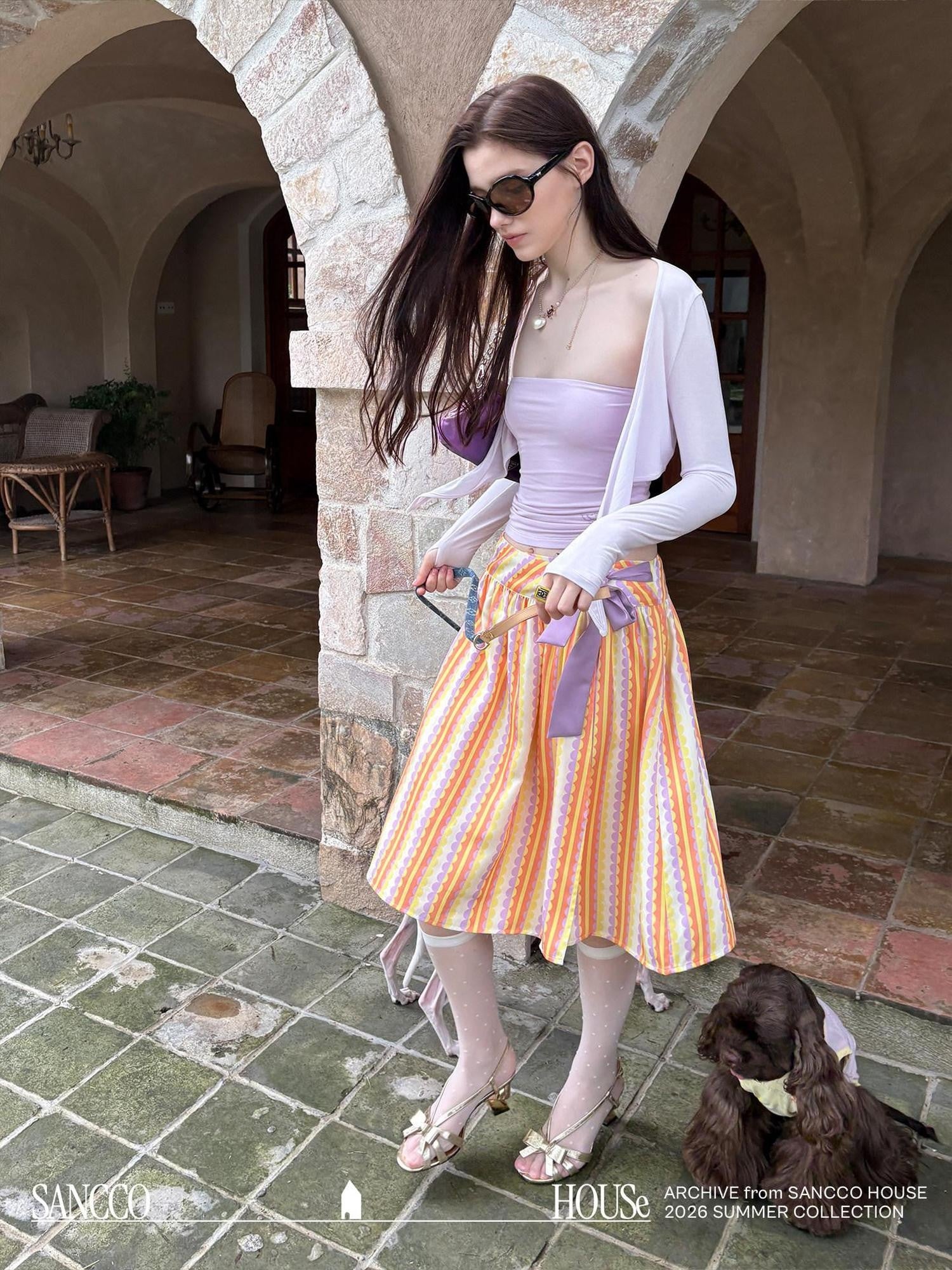 sancco house Striped Print Colorblock Double Layer Wrap Tie Bow Women&
