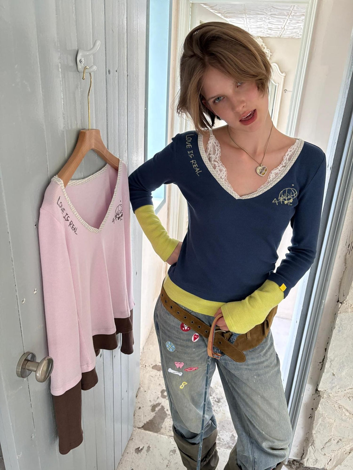 sancco house V-neck Embroidered Faux Two Piece Slim Fit Women&