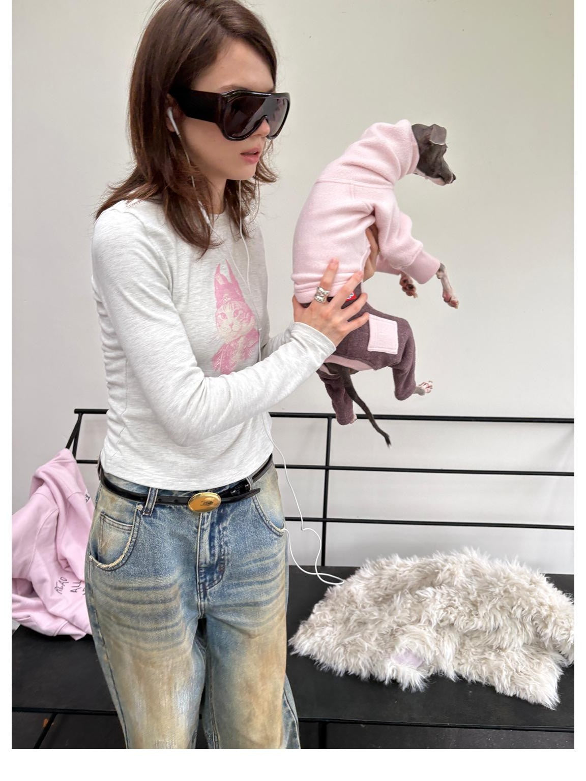 sancco house Vintage Cat Portrait Print Fleece Women&