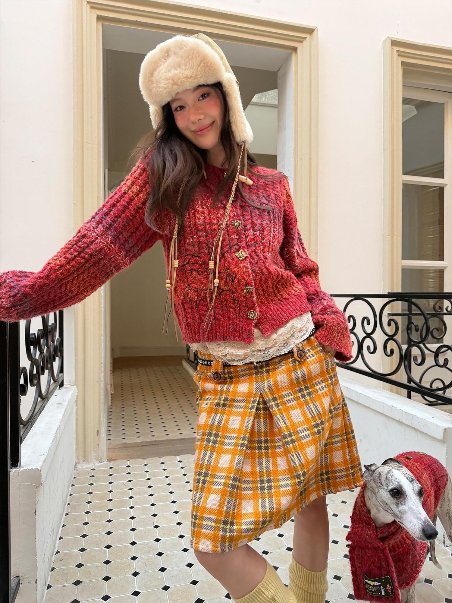 sancco house Vintage Yellow Plaid High Waist Double Tab Women&