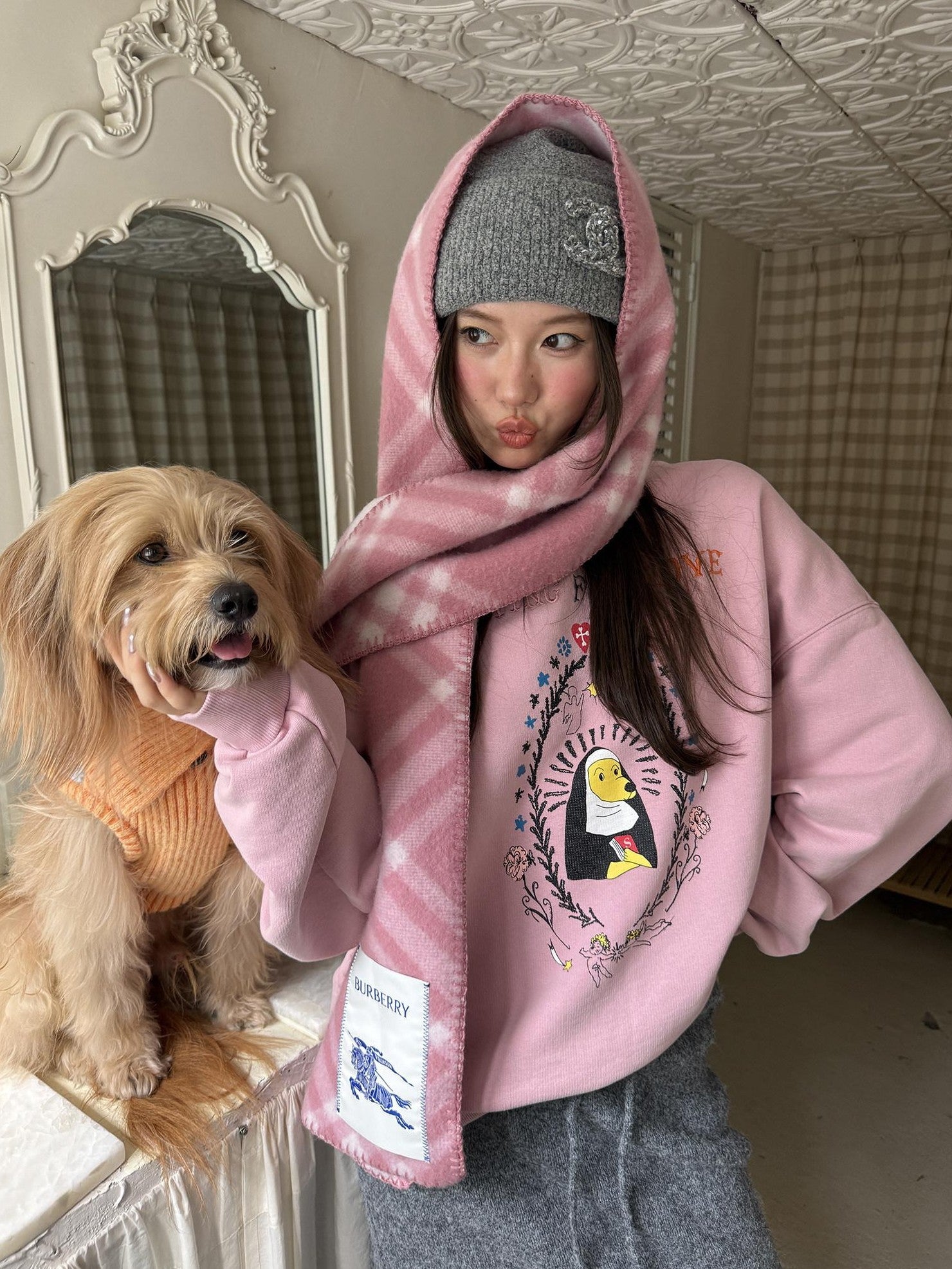 sancco house Washed Crewneck Nun Puppy Print Women&