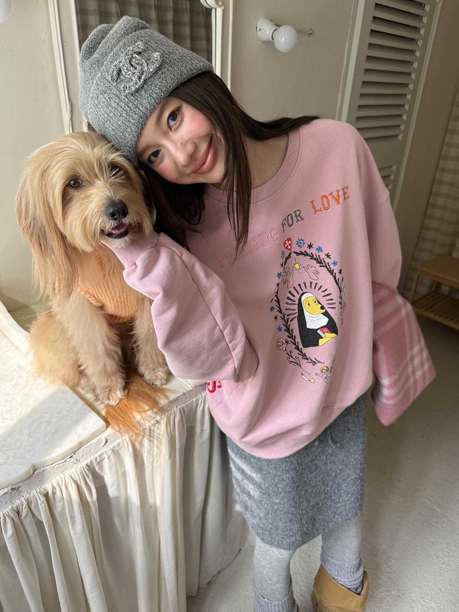 sancco house Washed Crewneck Nun Puppy Print Women&