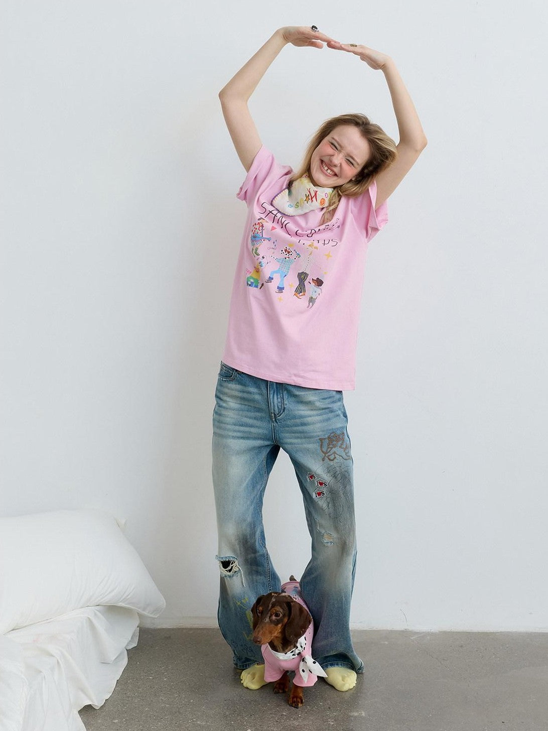 sancco house White Pink Cute Print Crew Neck Women&