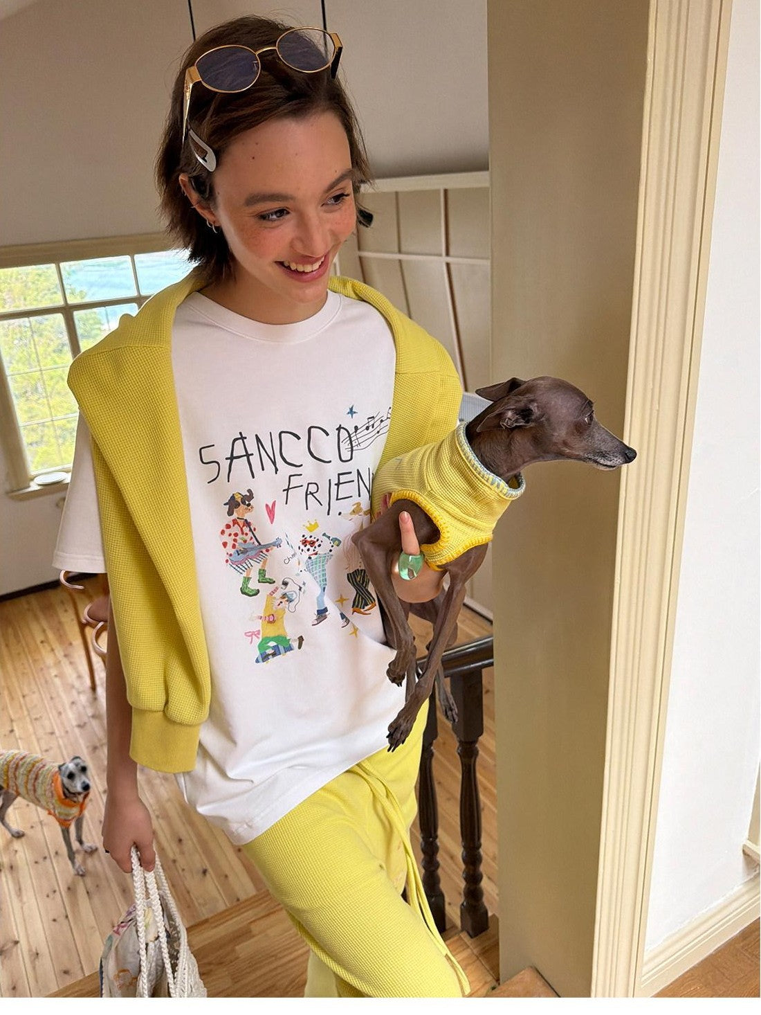 sancco house White Pink Cute Print Crew Neck Women&