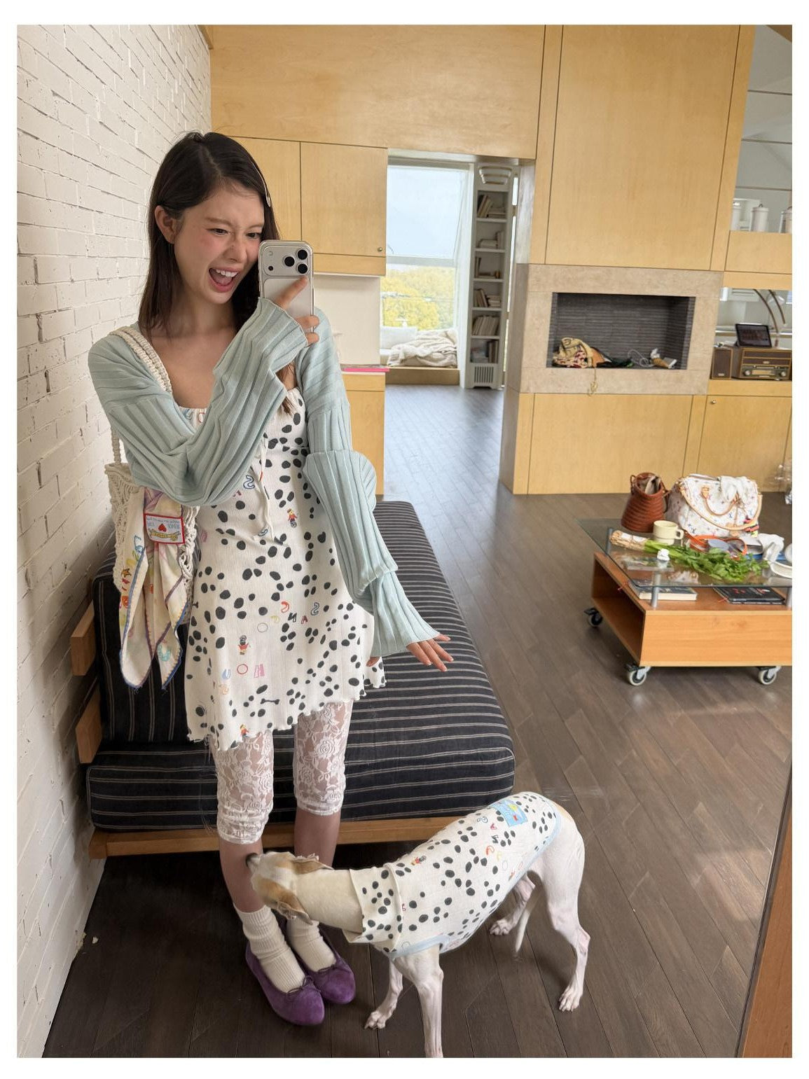 sancco house White Polka Dot Print Jacquard Knit Women&