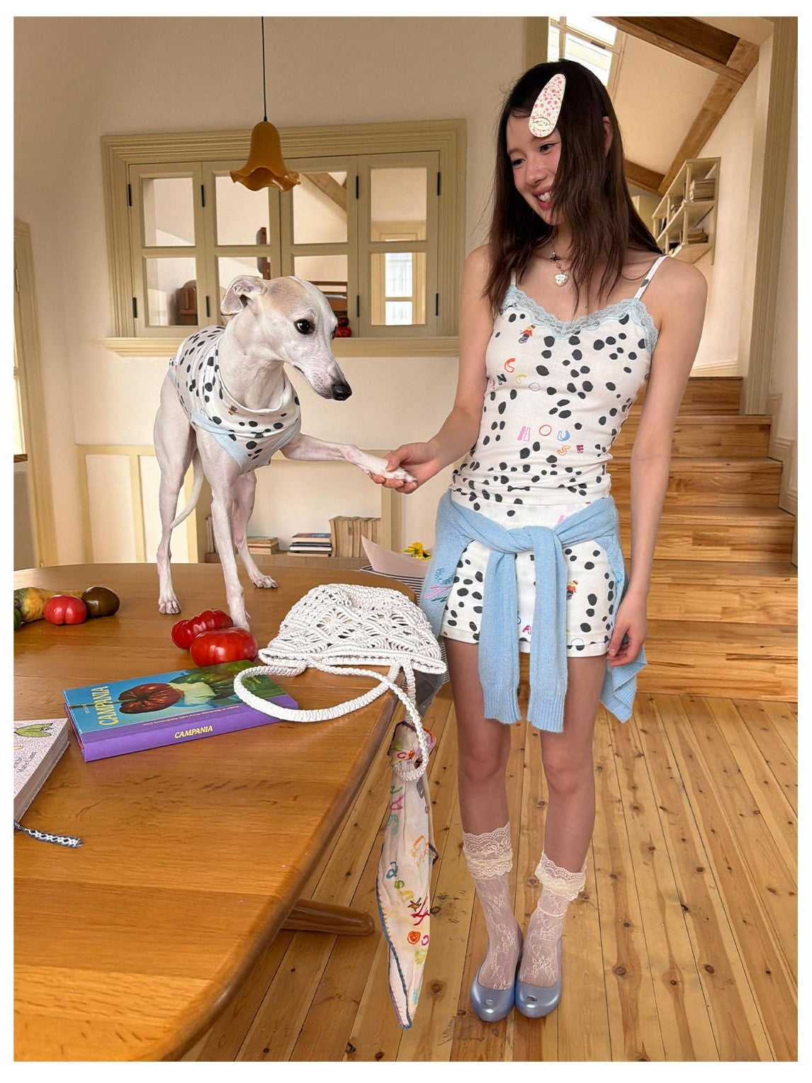 sancco house White Polka Dot Print Jacquard Knit Women&