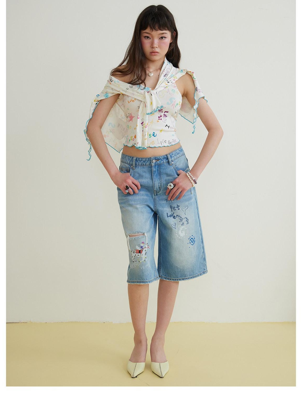 sancco house White Printed Wavy Hem Slim Cardigan Camisole Cotton Women&