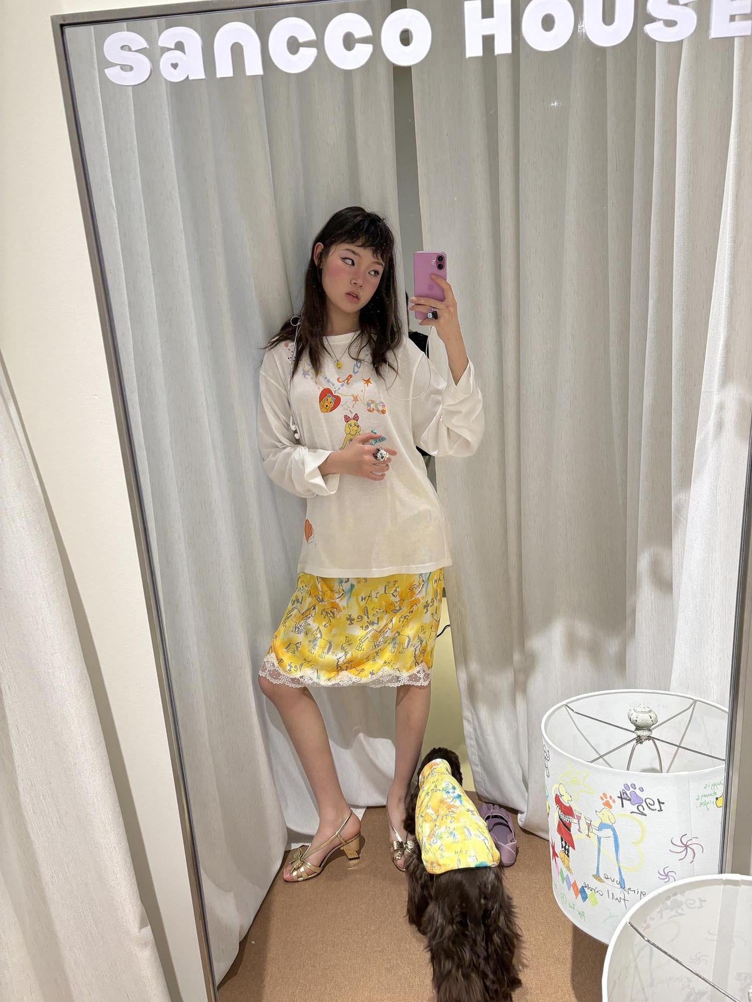 sancco house Yellow Graffiti Print Lace Mid Waist Women&