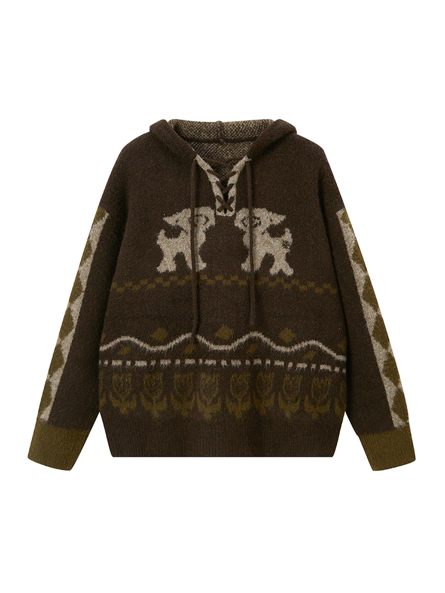 DIDDI MODA Vintage Fair Isle Hooded Knit Sweater