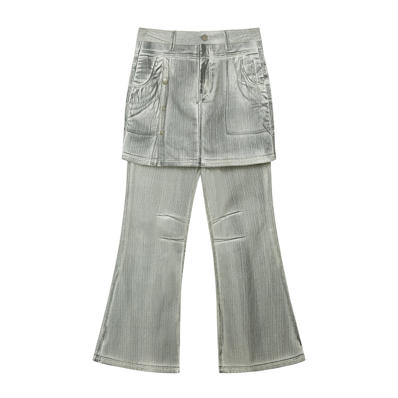 DIDDI MODA Faux Two Tone Flared Denim Culottes With Metallic Waist Chain