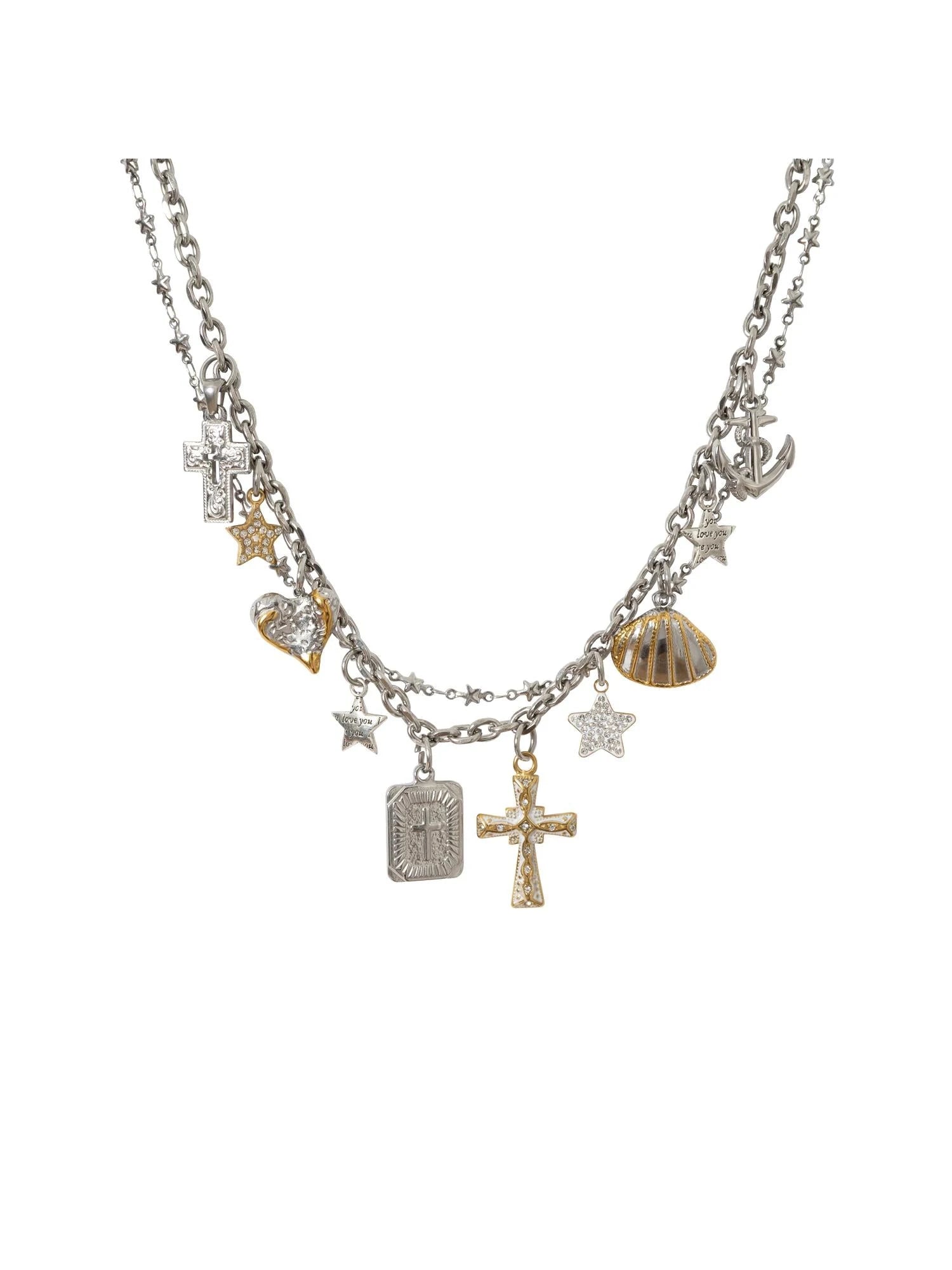 Punk Retro Cross Layered Necklace With Heart & Rhinestones