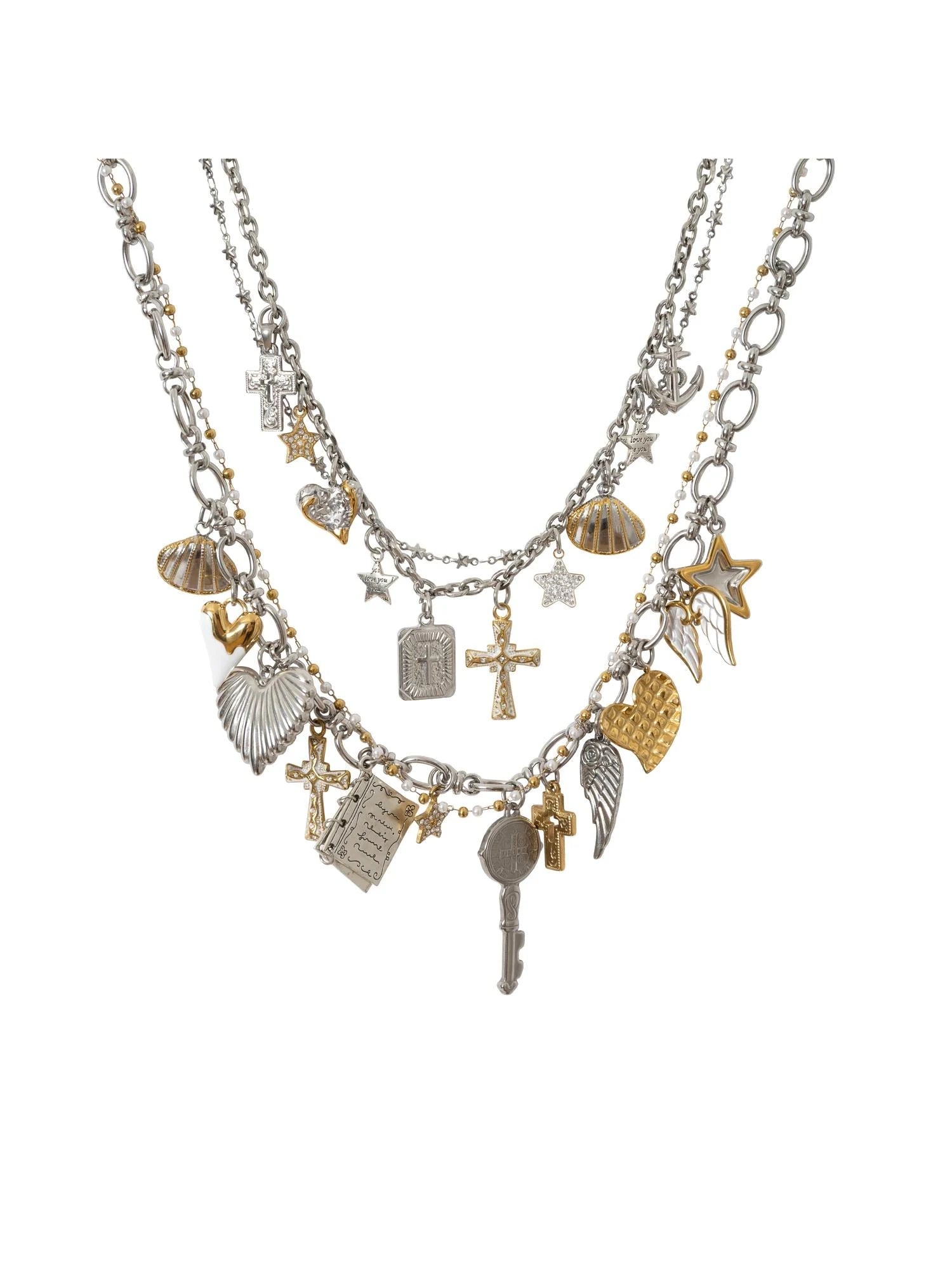 Punk Retro Cross Layered Necklace With Heart & Rhinestones