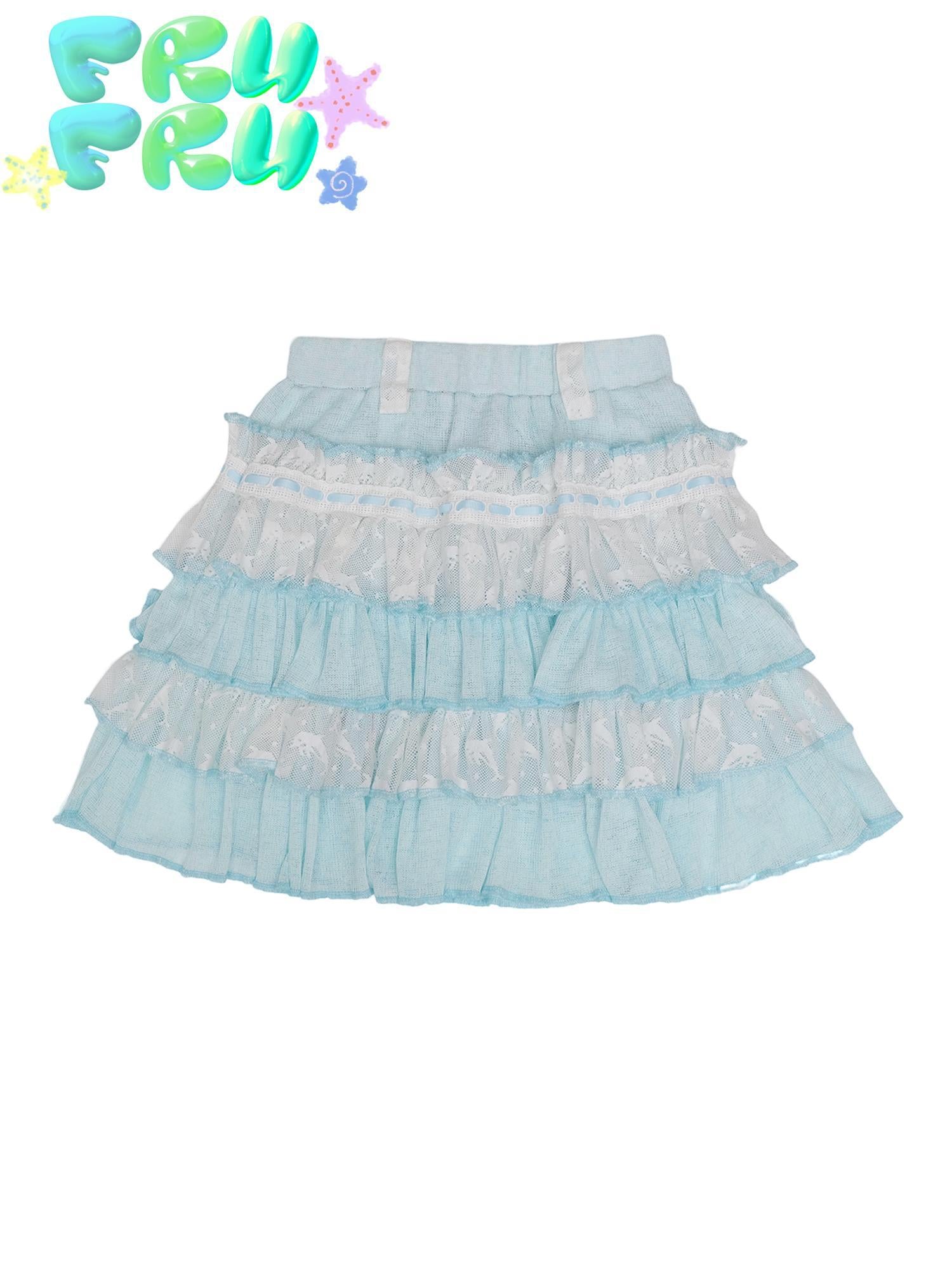 Frufru Gulu Y2K Summer Blue Lace Ruffled Cake Puff Dress