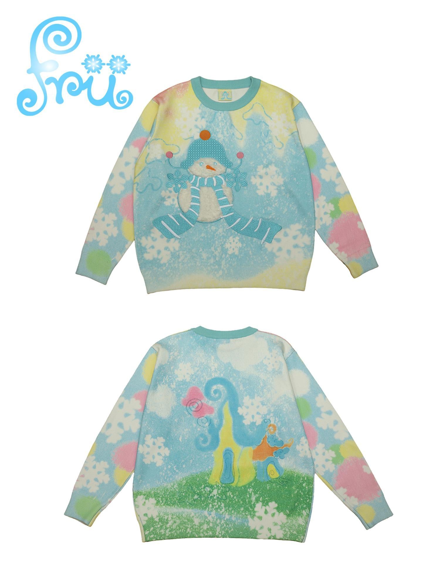 Frufru Gulu Winter Snowman Blue Knit Sweater Loose Fit Cute Original