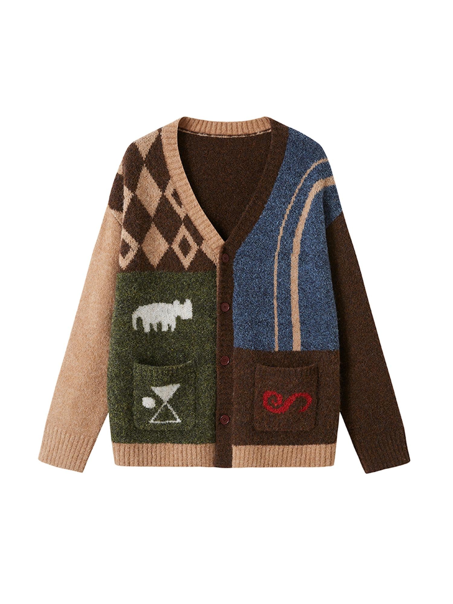 DIDDI MODA Retro Colorblock Geometric V Neck Knit Sweater