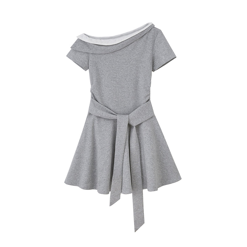 DIDDI MODA V Neck Lace Bow Ruffle Knit Dress Asymmetrical Tie Waist A Line Dress