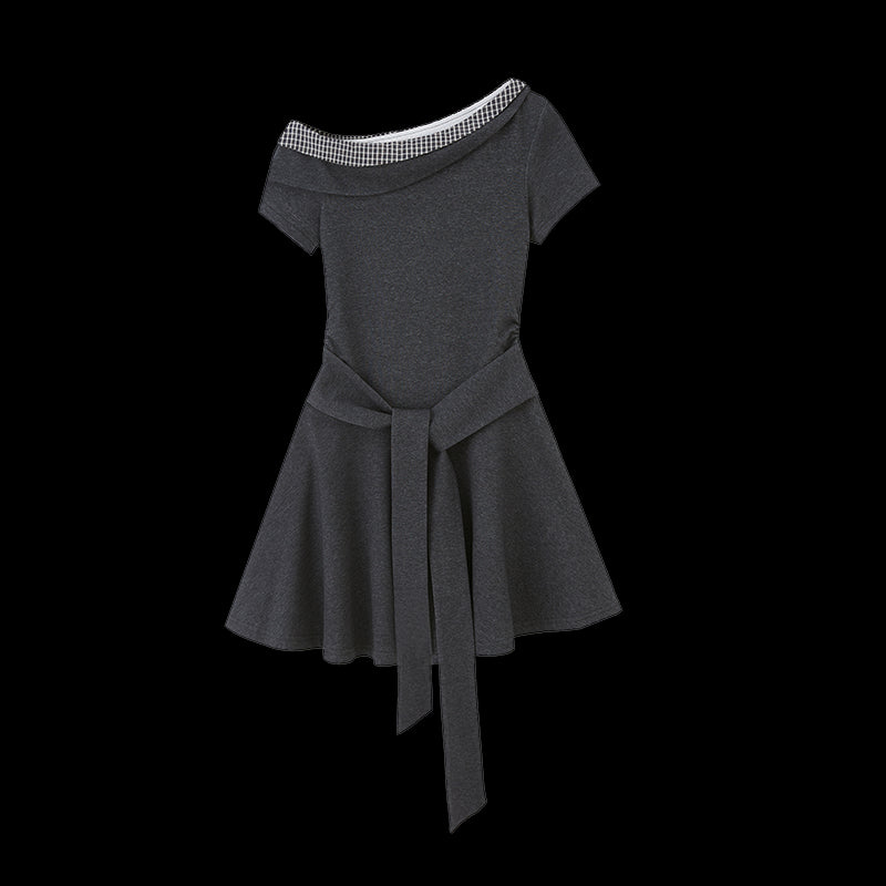 DIDDI MODA V Neck Lace Bow Ruffle Knit Dress Asymmetrical Tie Waist A Line Dress