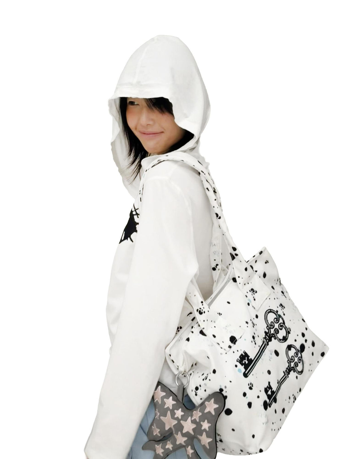 takeabreak Black White Polka Dot Vintage Key Print Zip Women&