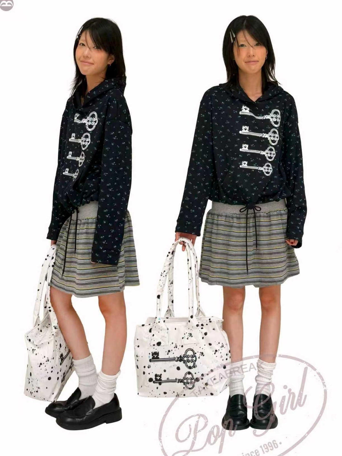 takeabreak Black White Polka Dot Vintage Key Print Zip Women&