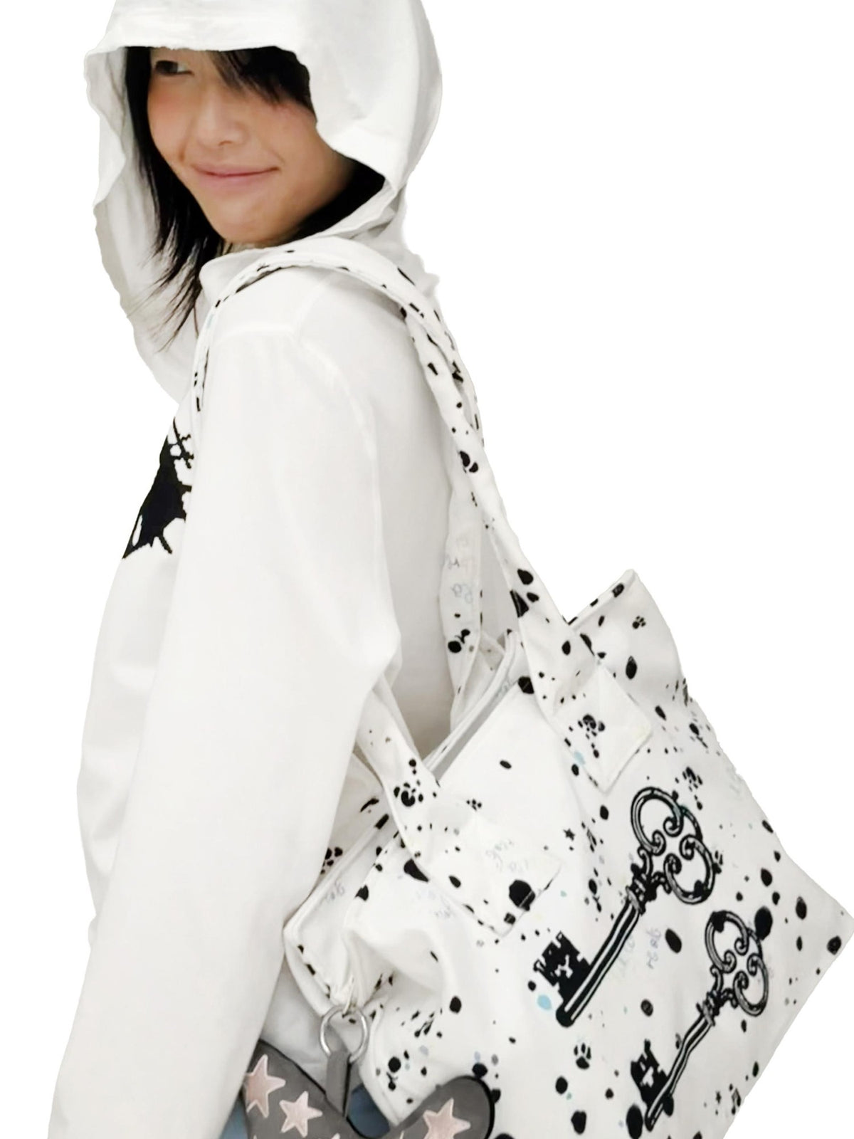 takeabreak Black White Polka Dot Vintage Key Print Zip Women&