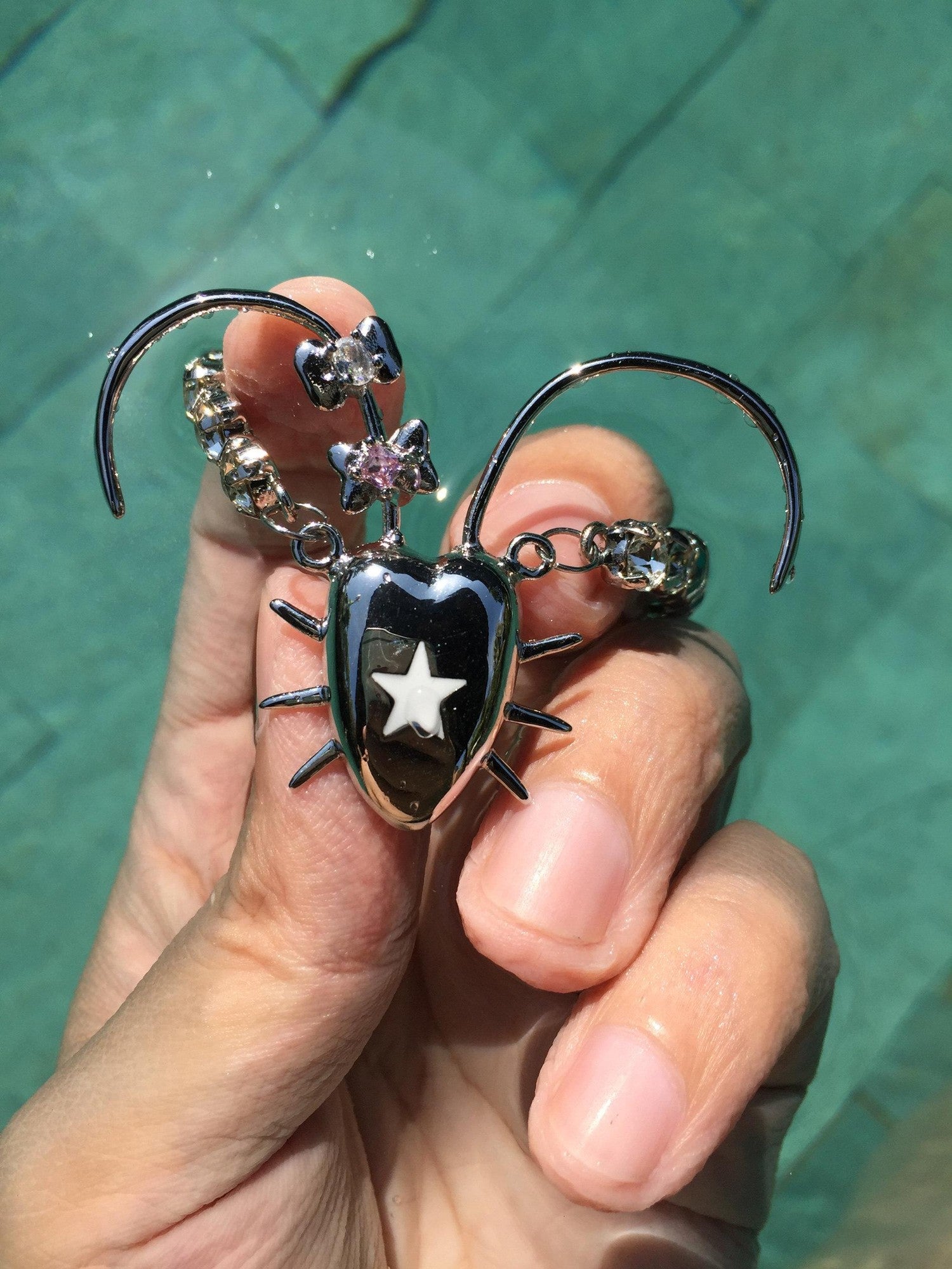 takeabreak Cockroach Zircon Inlaid Punk Silver Plated Brass Mixed Metal Women&