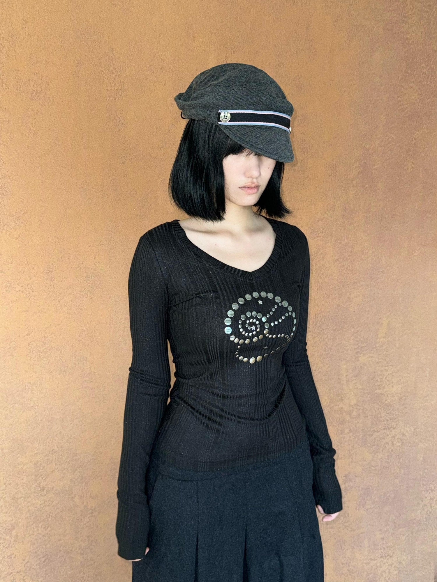 takeabreak Gray Korean Knit Button Detail Octagonal Women&