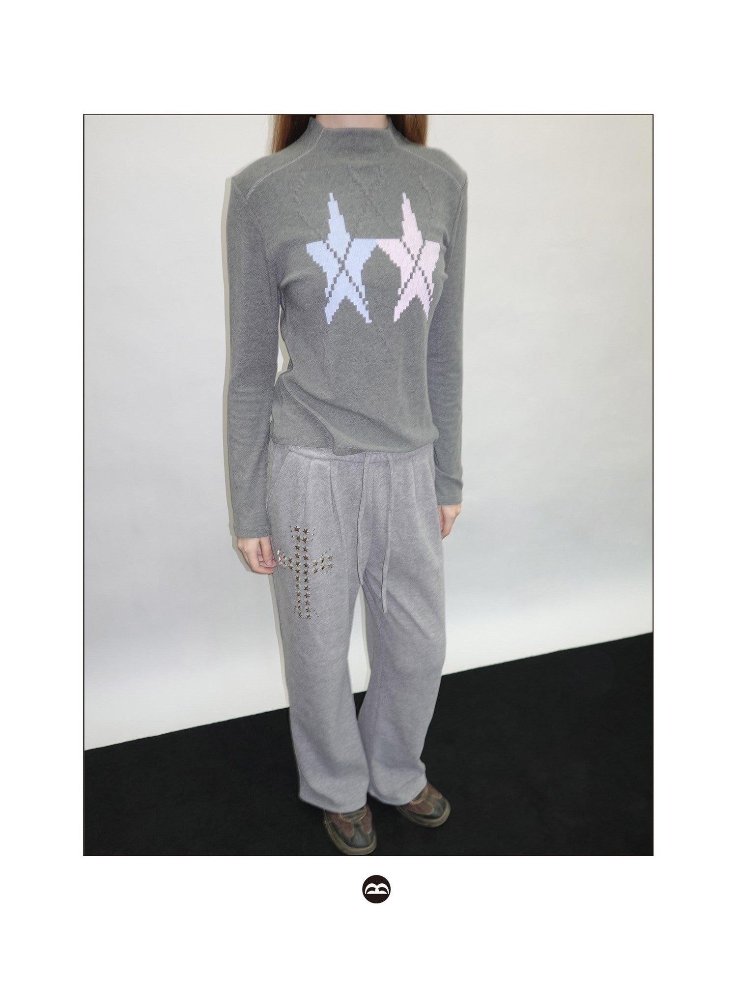 takeabreak Gray Star Print Knit Slim Mock Neck Women&