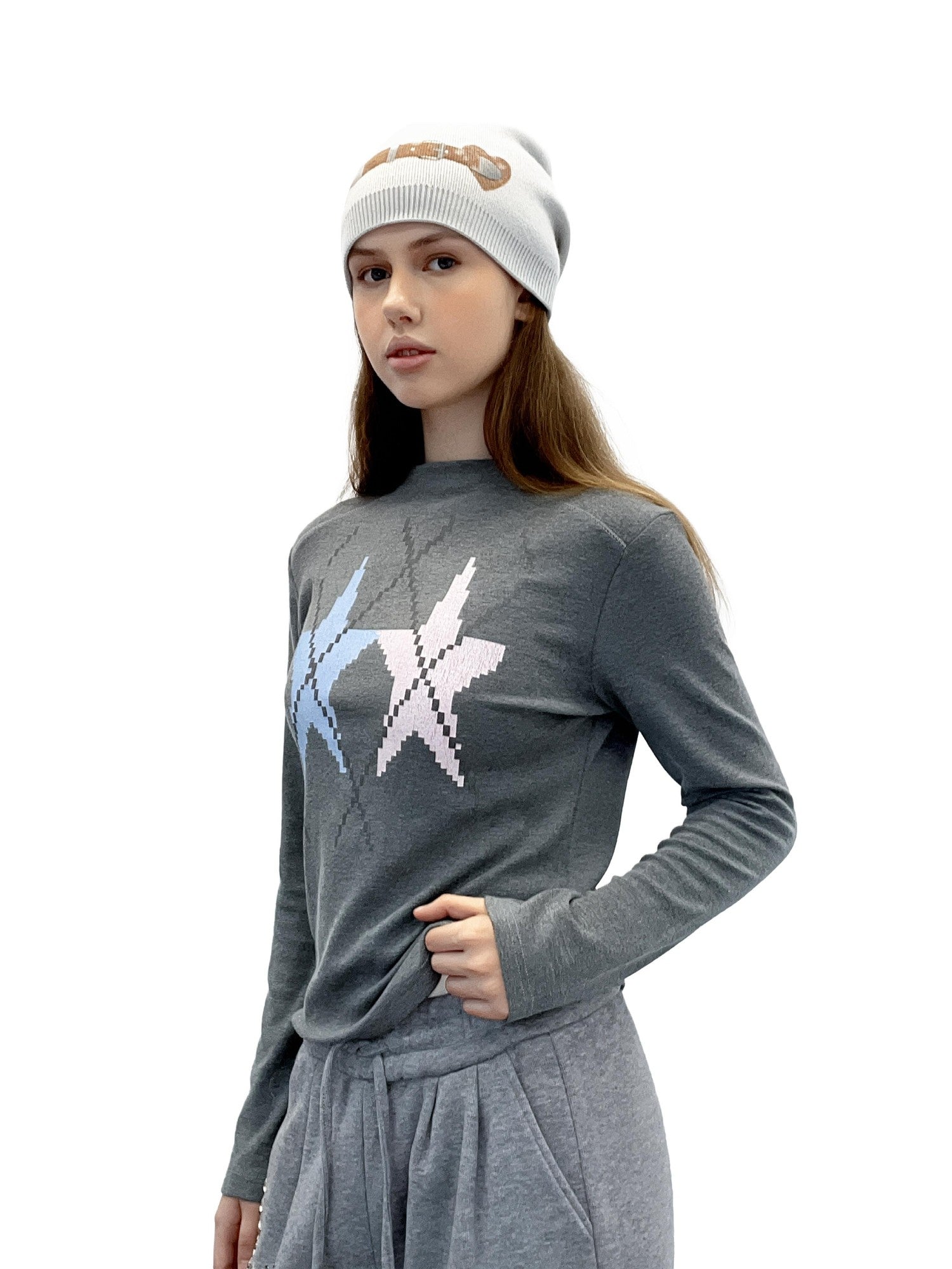 takeabreak Gray Star Print Knit Slim Mock Neck Women&