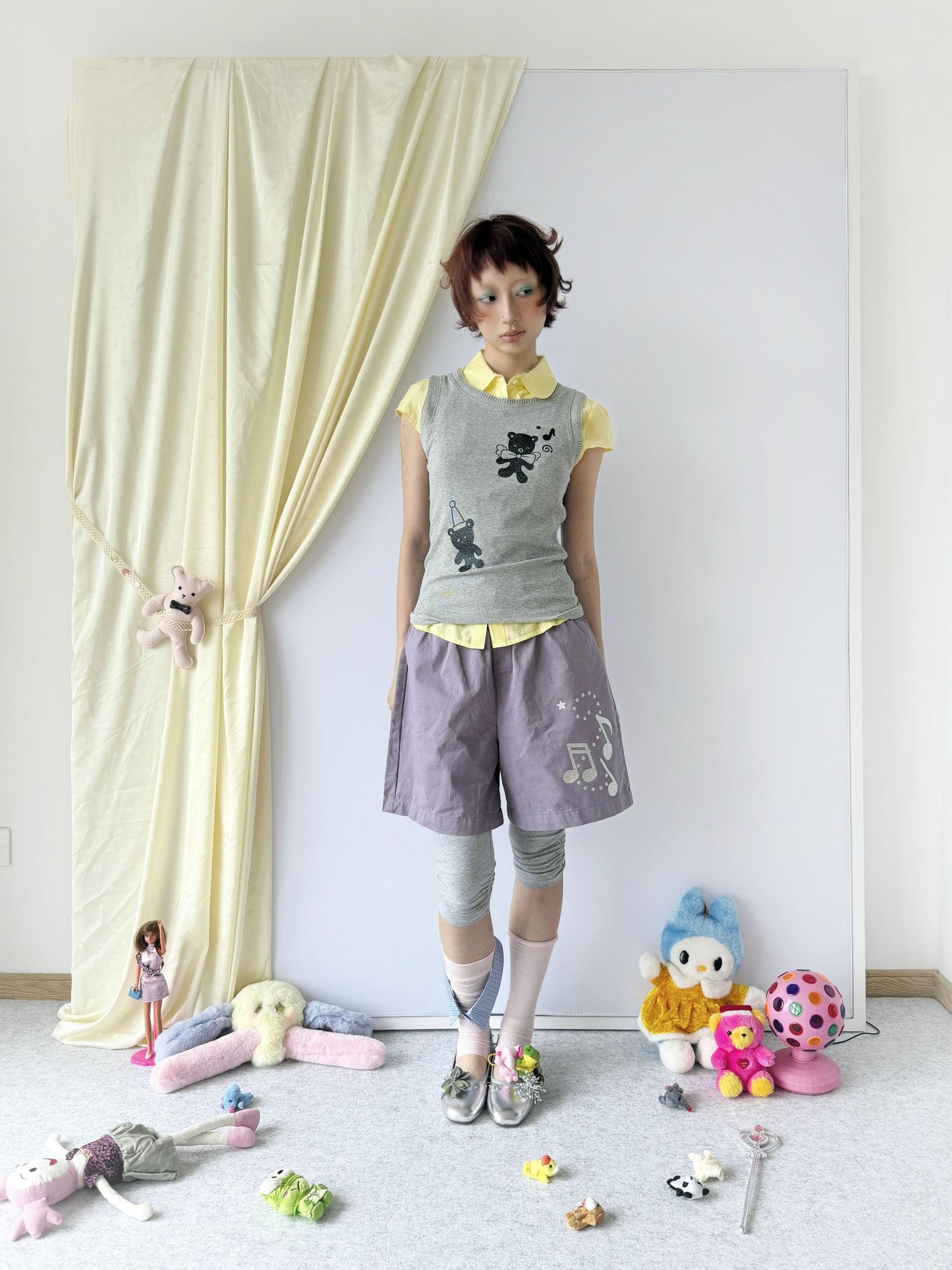 takeabreak Shimmery Two Tone Bear Print Lace Cutout Women&