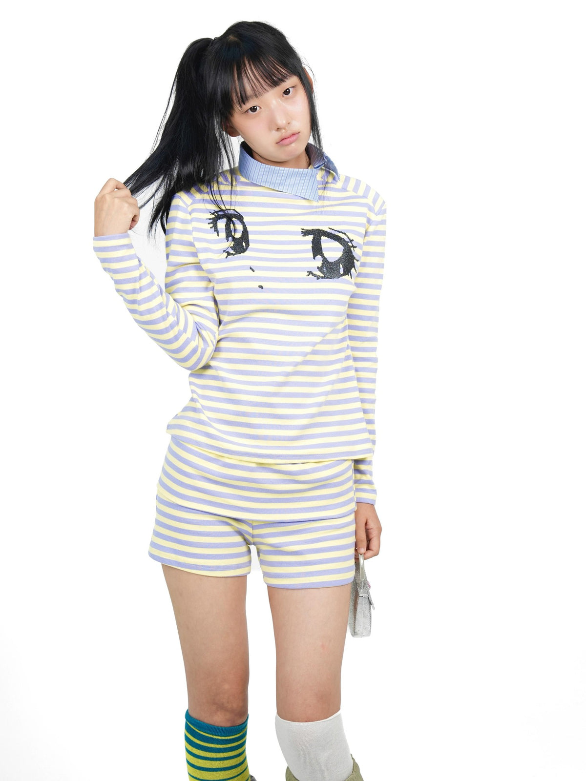 takeabreak Yellow Purple Striped Comic Big Eye Print Women&