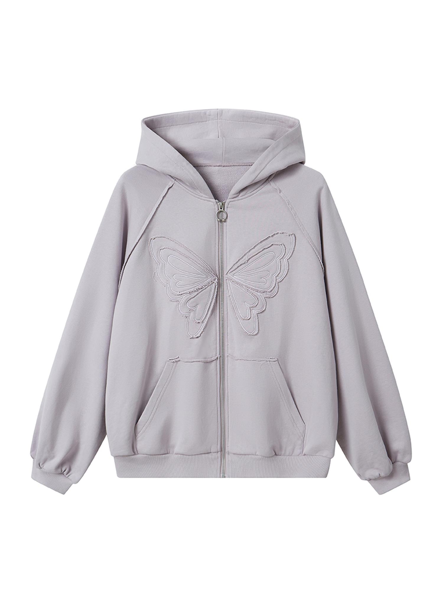 DIDDI MODA Lace Bow Butterfly Hoodie Grey Oversized Cotton Sweatshirt