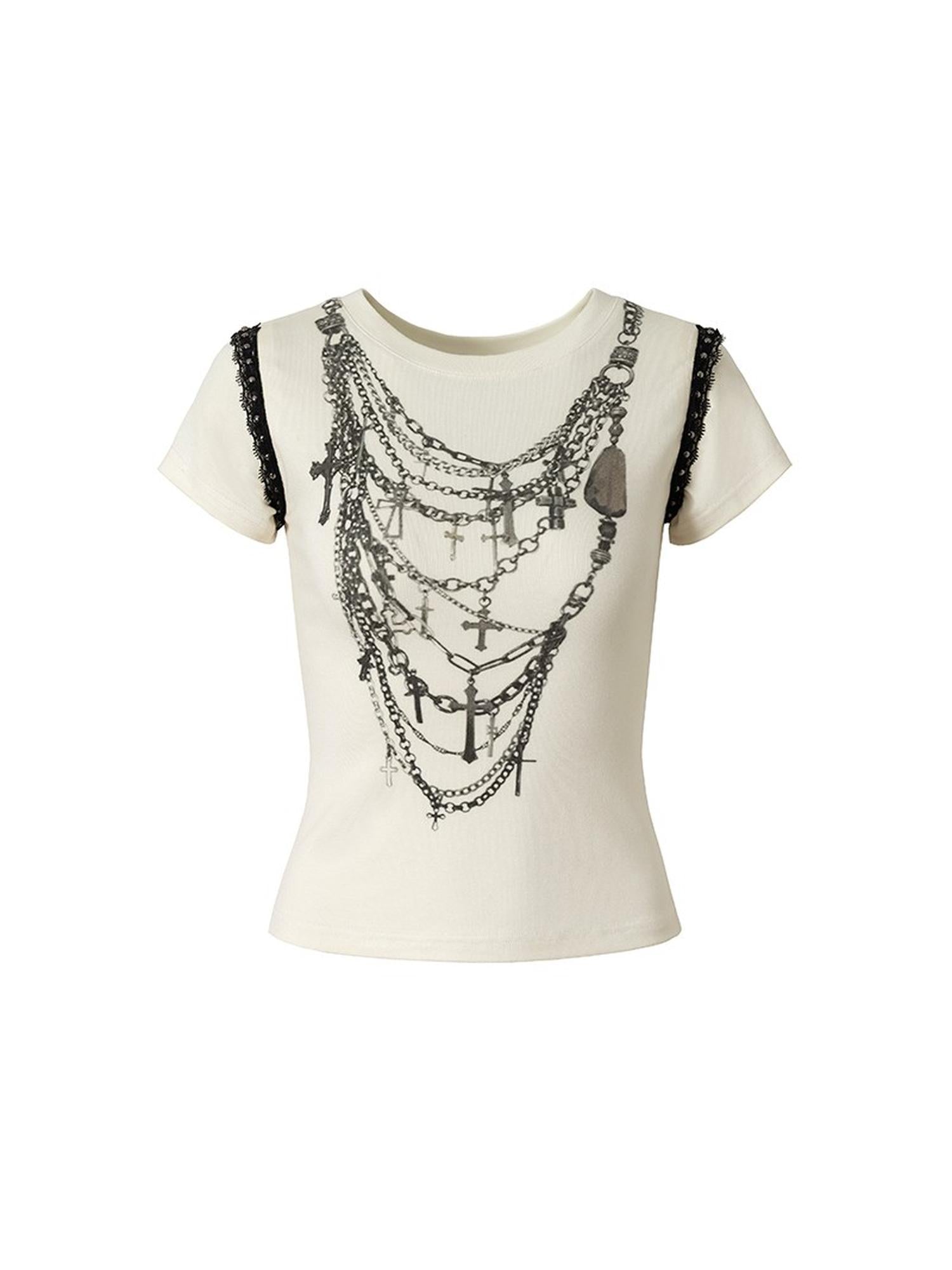 NO ROMANCE Punk Print Lace Trim Slim Stretch Two-Way T-Shirt