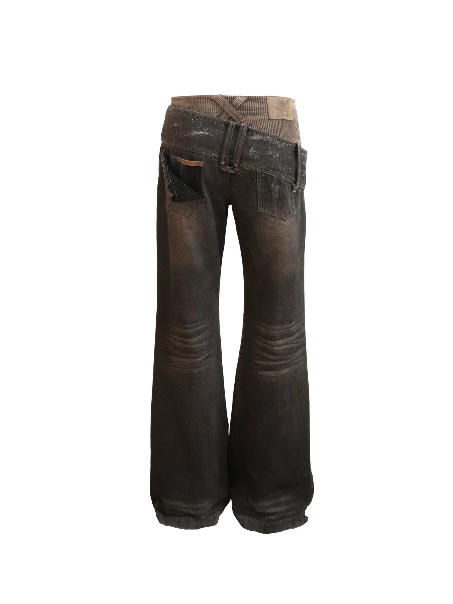 Flowers birds Market Double Waistband Retro Flared Cotton Washed Denim Straight Trousers