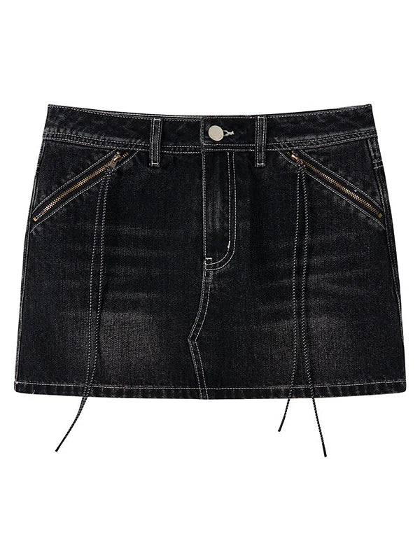 Vintage Washed Black Denim Mini Skirt With Lining Skirts