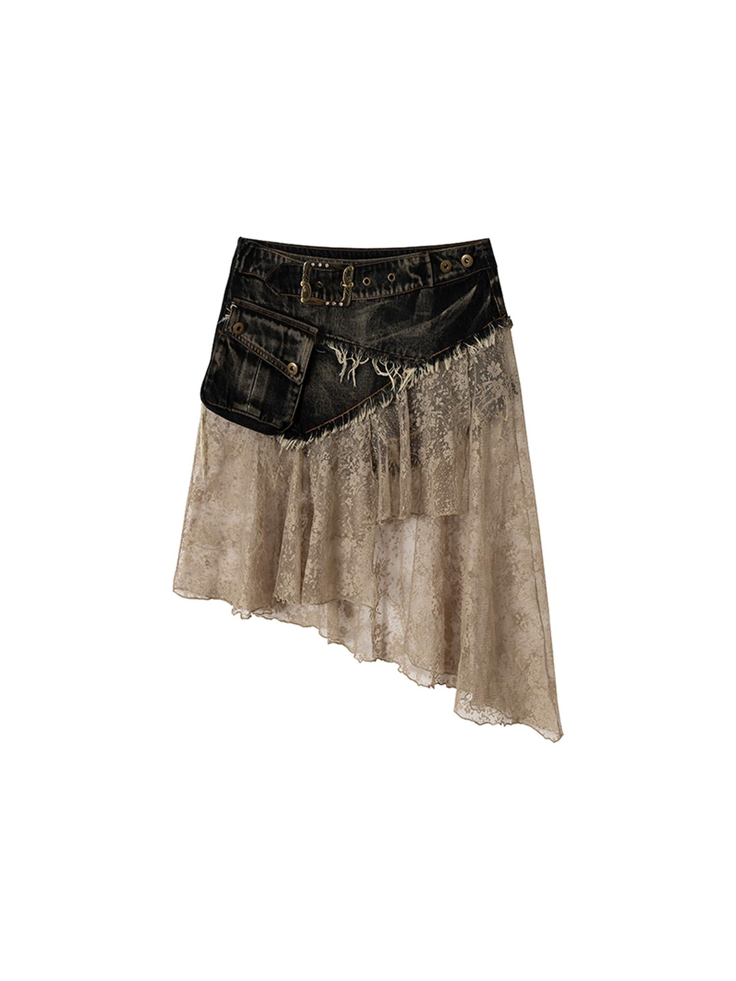 NO ROMANCE Vintage Distressed Denim Skirt Pants With Lace Trim