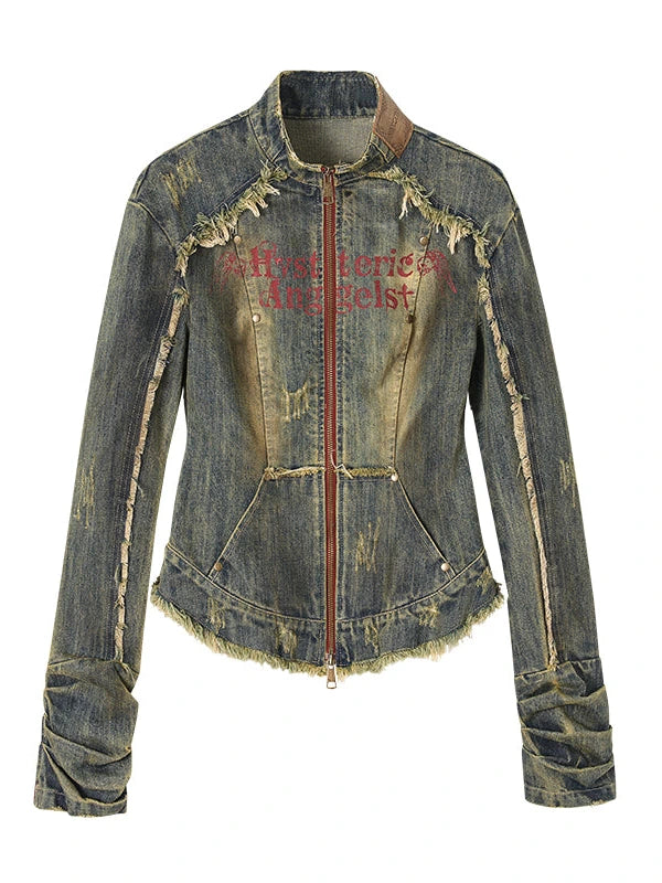 Vintage Punk Rock Distressed Washed Denim Jacket Women Coat