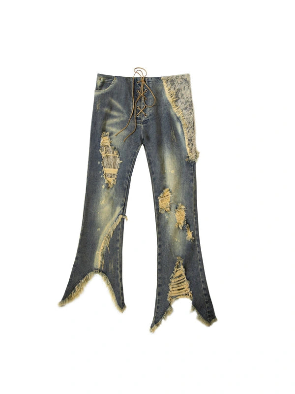Vintage Punk Lace Distressed Washed Skinny Flared Capri Pants