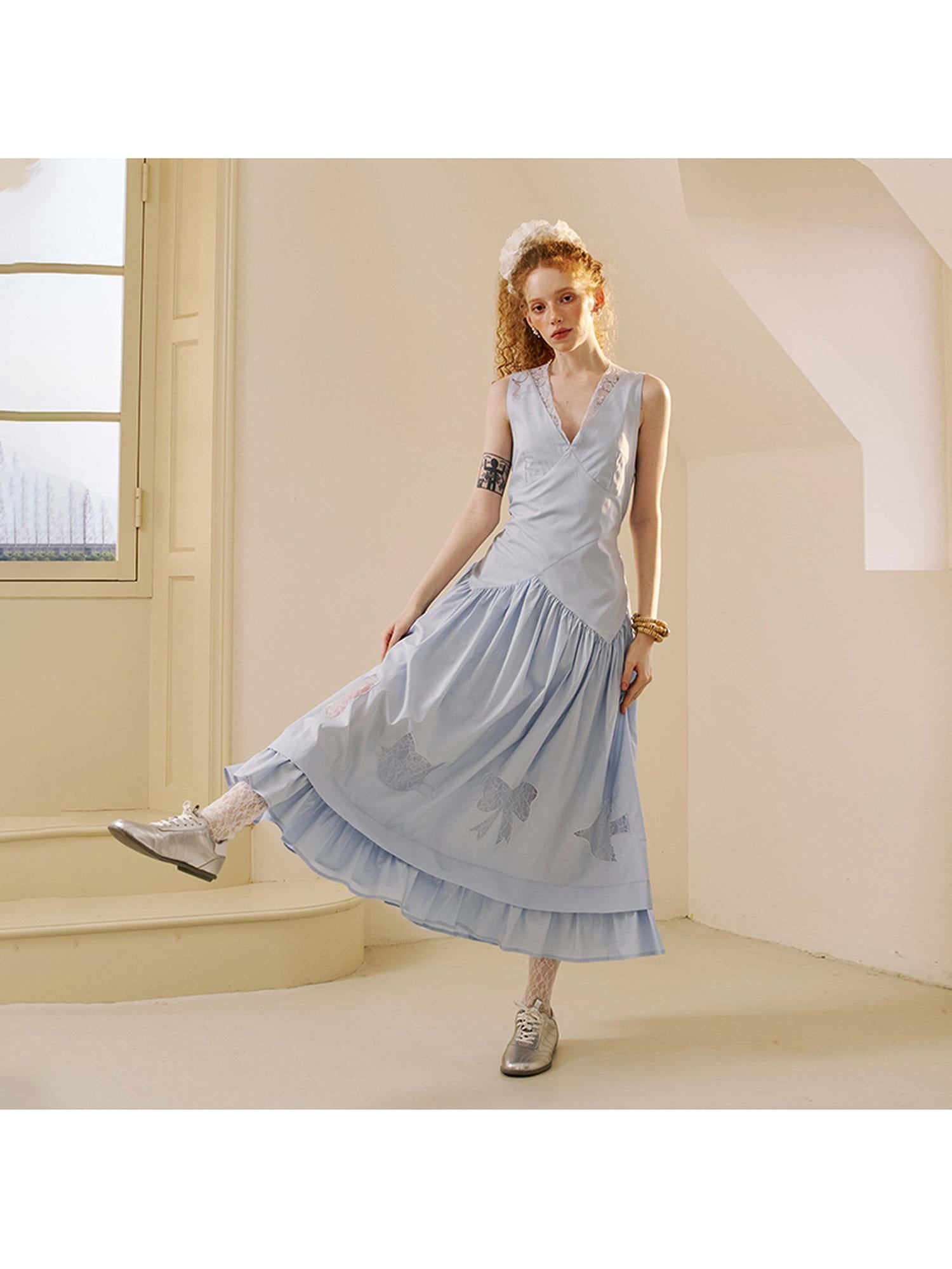 DIDDI MODA Elegant V Neck Lace Trimmed Sheer Maxi Dress