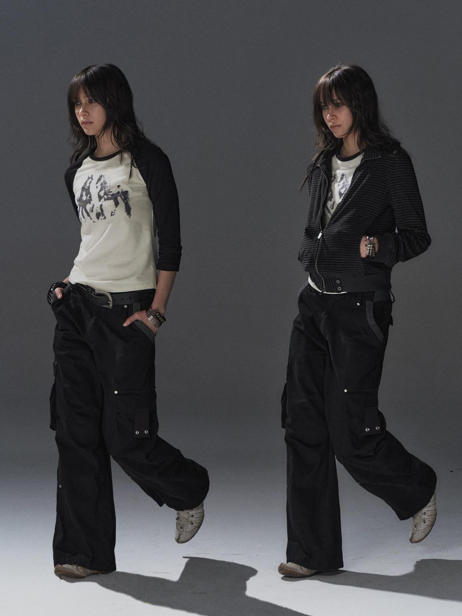 wear And tear Black Asymmetric Rib Splice Rivet Multi Pocket Women&
