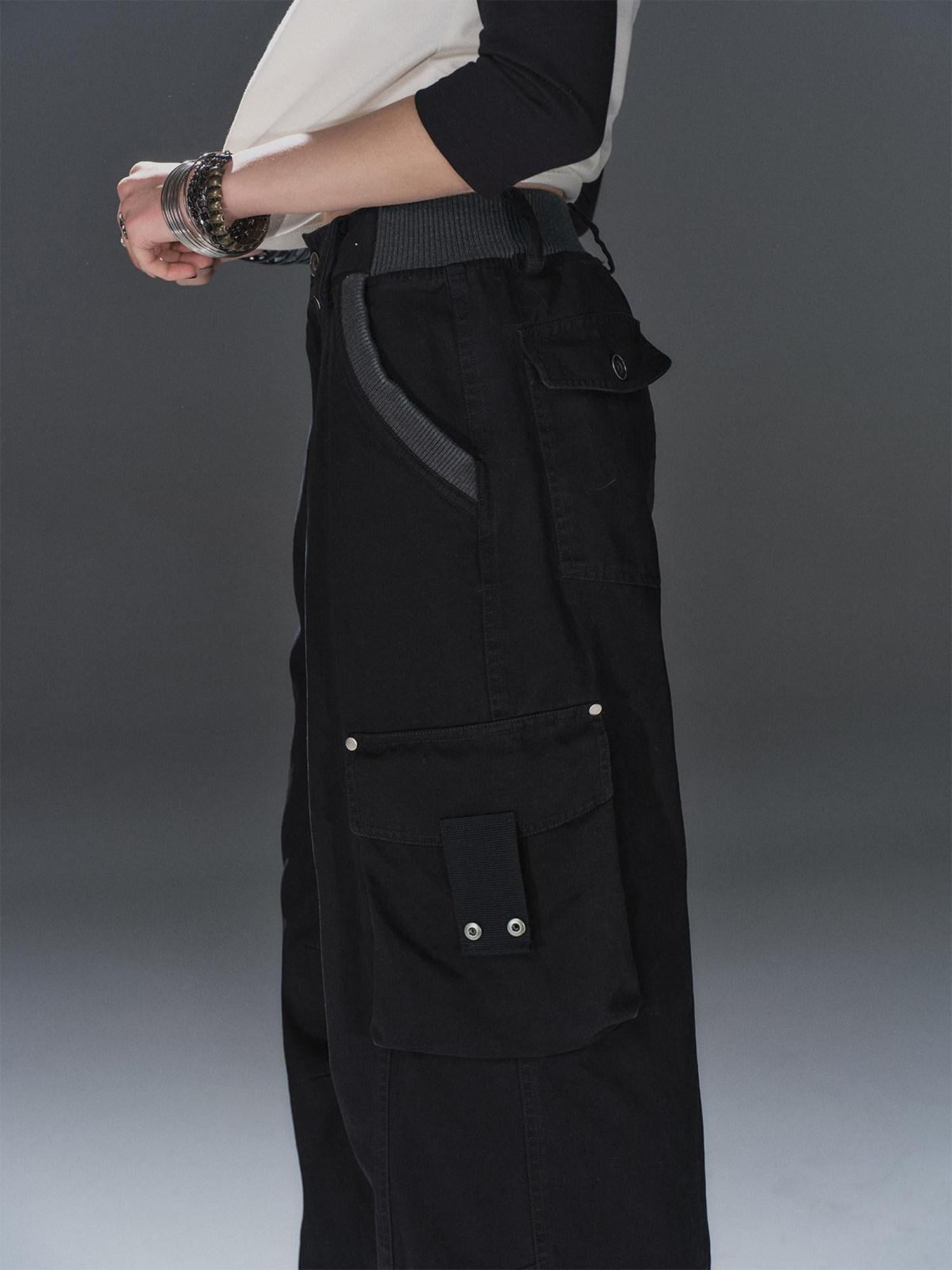 wear And tear Black Asymmetric Rib Splice Rivet Multi Pocket Women&