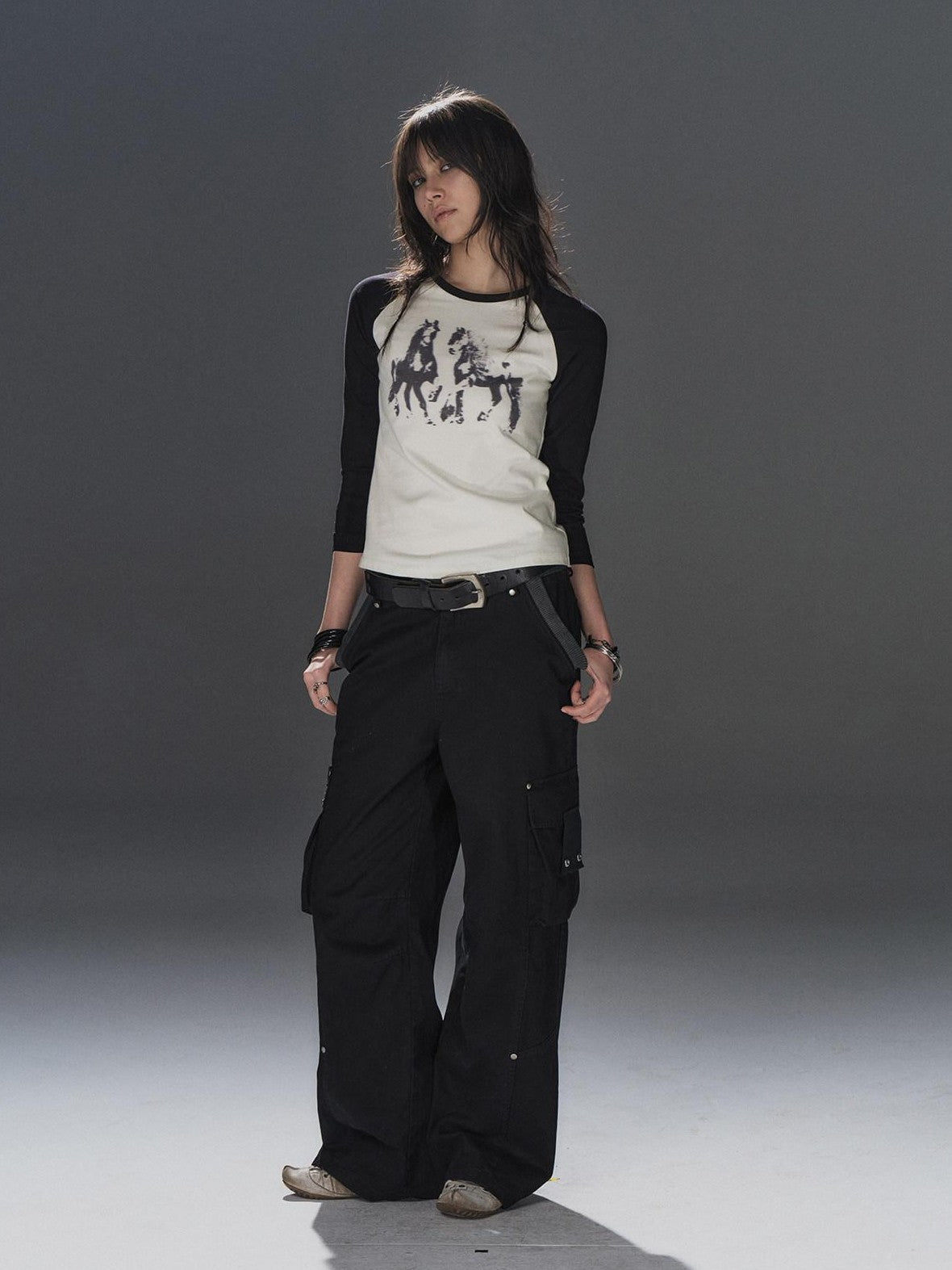 wear And tear Black Asymmetric Rib Splice Rivet Multi Pocket Women&