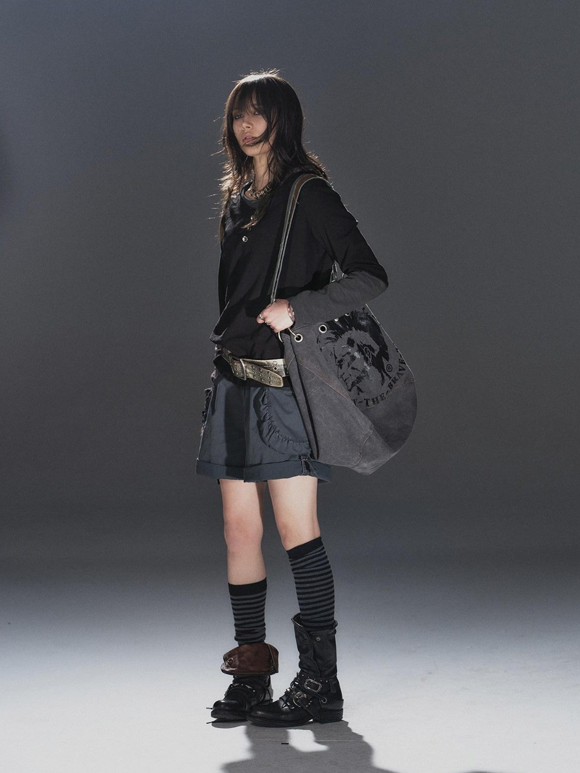 wear And tear Black Gray Spliced Double Collar Button Women&