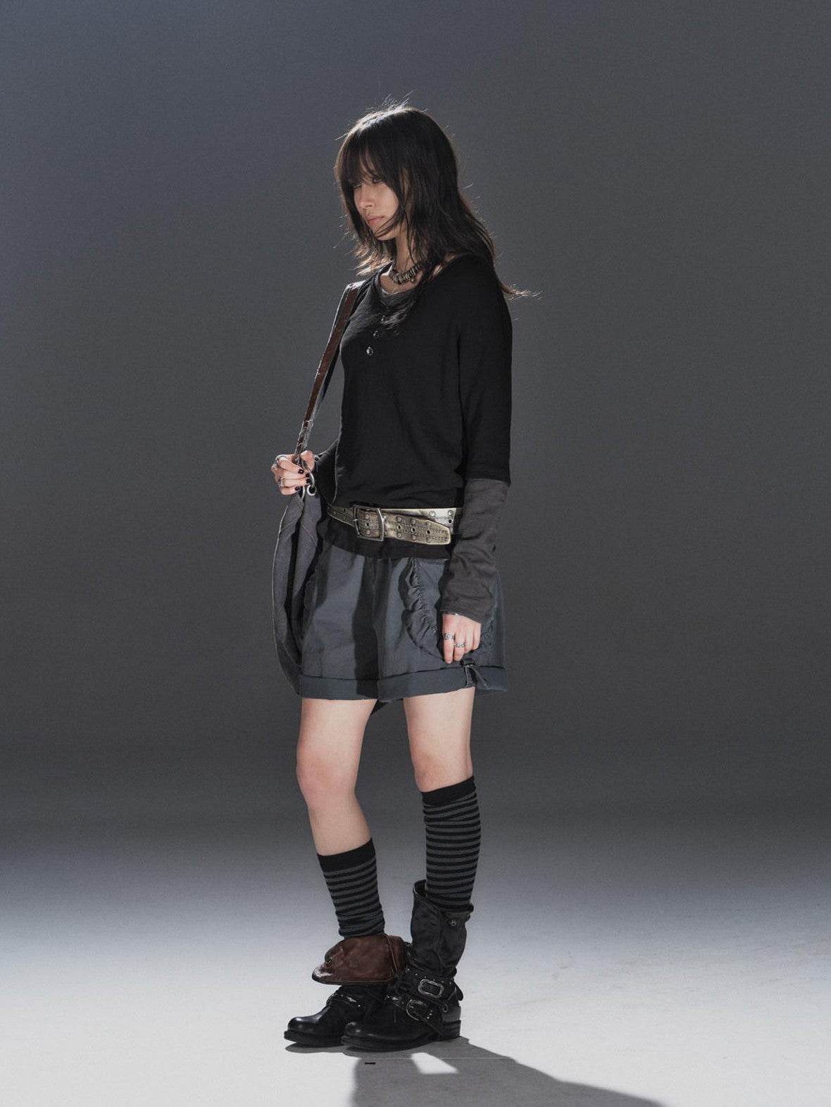 wear And tear Black Gray Spliced Double Collar Button Women&