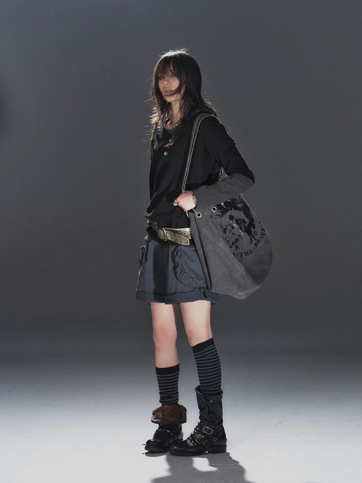 wear And tear Black Gray Spliced Double Collar Button Women&