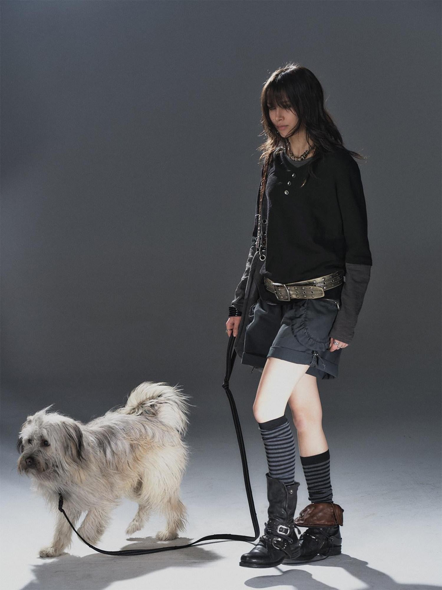 wear And tear Black Gray Spliced Double Collar Button Women&